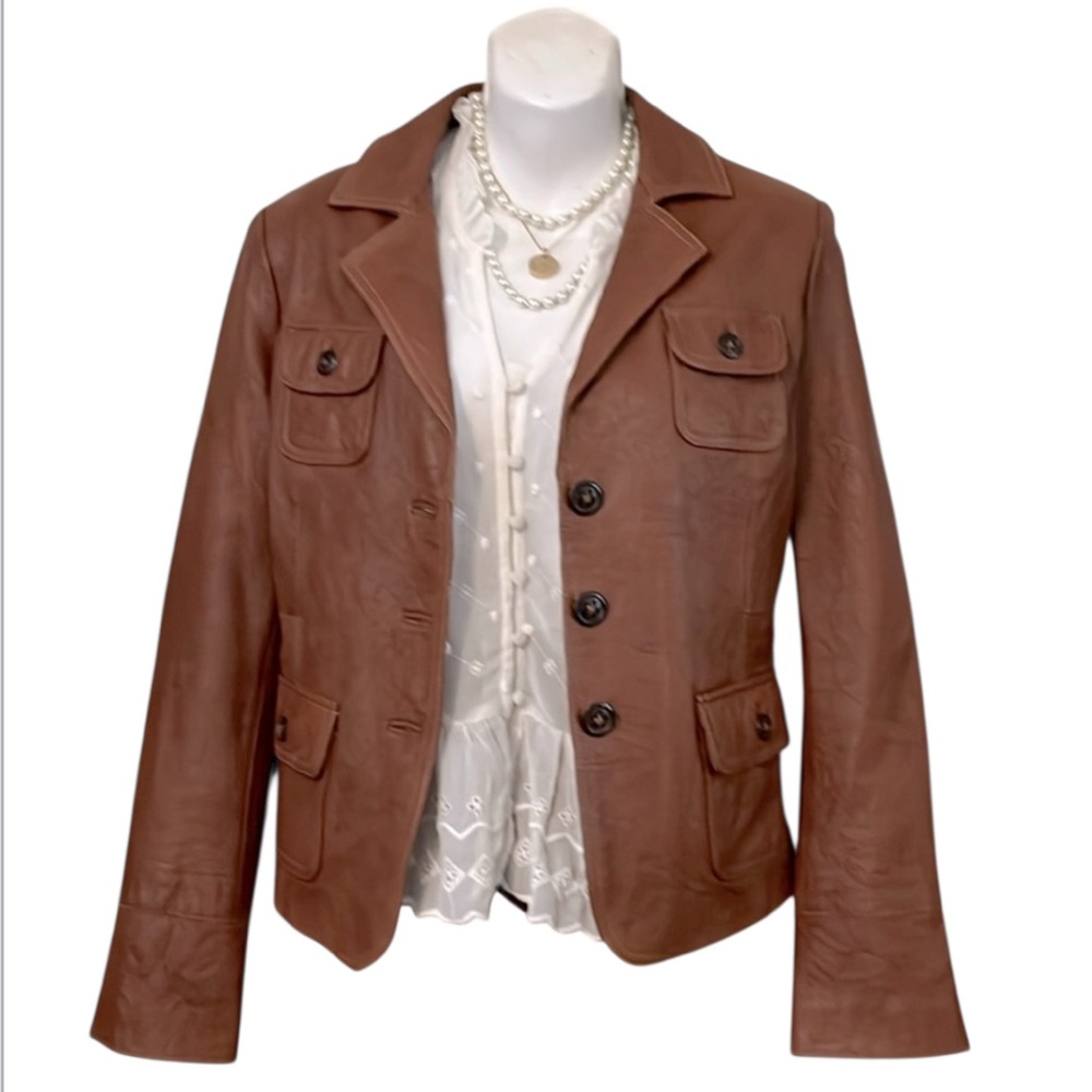 Tag Elements Woman’s Light Brown Carmel Fitted Leather Collared Blazer Jacket M